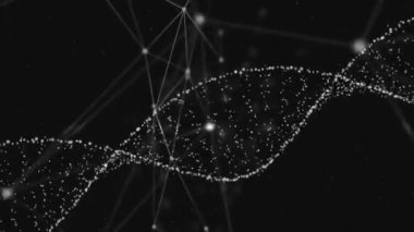 Bağlantılar ağının animasyonu ve siyah arkaplanda DNA ipliği. Bilim ve dijital arayüz kavramı dijital olarak oluşturulmuş video.