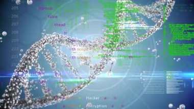 Mavi zemin üzerinde DNA ipliği üzerindeki veri işleme ve moleküllerinin animasyonu. Bilim, teknoloji, bilgisayar ve dijital arayüz konsepti dijital olarak oluşturulmuş video.