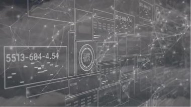 Veri işleme üzerinden bağlantı ağının animasyonu. Küresel teknoloji ve dijital arayüz konsepti dijital olarak oluşturulmuş video.