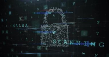 Siyah arkaplanda asma kilit simgesi ve veri işleme animasyonu. Dijital olarak oluşturulmuş küresel bağlantılar, bilgisayar, çevrimiçi güvenlik ve dijital arayüz kavramı.