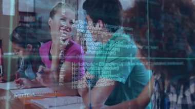 Çeşitli erkek ve kız öğrenciler üzerinde veri işleme animasyonu. Küresel eğitim, öğrenme, hesaplama ve dijital arayüz kavramı dijital olarak oluşturulmuş video.