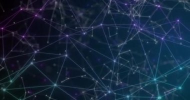 Siyah arkaplandaki bağlantı ağının canlandırılması. Dijital olarak oluşturulmuş küresel bağlantılar, bilgisayar ve dijital arayüz kavramı.