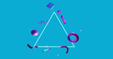 Mavi arka planda üçgen üzerinde hareket eden şekillerin animasyonu. Küresel teknoloji ve dijital arayüz konsepti dijital olarak oluşturulmuş video.