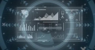 Animation of scope scanning and data processing on black background. Global technology, computing and digital interface concept digitally generated video.