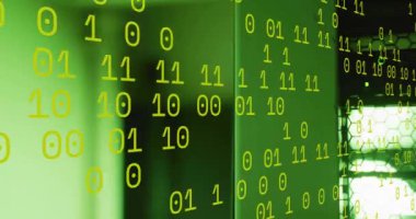 Sunucu odasında veri işleme animasyonu. küresel teknoloji, bilgisayar ve dijital arayüz kavramı dijital olarak oluşturulmuş video.