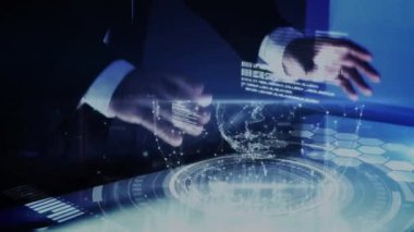 Animation of data processing and globe over caucasian businessman. Global business and digital interface concept digitally generated video.