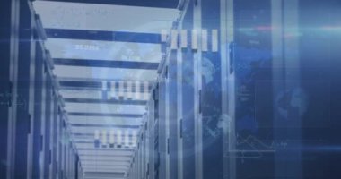 Animation of data processing and mathematical equations over server room. Global technology, computing and digital interface concept digitally generated video.