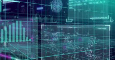 Siyah arkaplan üzerinde veri işleme animasyonu. Küresel finans, iş, bağlantılar, hesaplama ve veri işleme kavramı dijital olarak oluşturulmuş video.