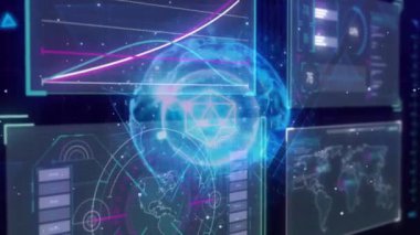 Küresel animasyon, siyah arkaplanda veri işleme ekranları. Dijital olarak oluşturulmuş küresel bağlantılar, hesaplama, dijital arayüz ve veri işleme kavramı.