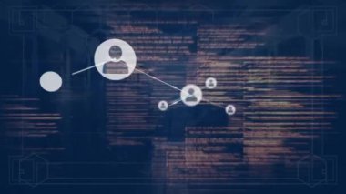 Animation of network of connections with icons and data processing over server room. Global connections, computing and digital interface concept digitally generated video.