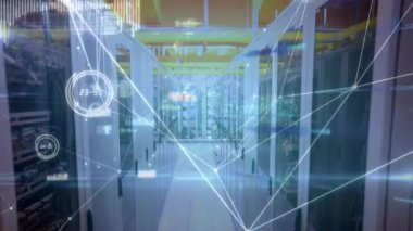 Bilgisayar sunucuları üzerinden dijital veri işleme ağı ile bağlantıların animasyonu. Dijital olarak oluşturulmuş küresel bağlantılar, hesaplama ve veri işleme kavramı.