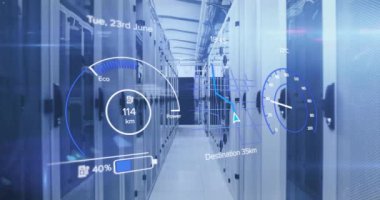 Sunucu odasının üstündeki araba panelinin animasyonu. Küresel teknoloji ve dijital arayüz konsepti dijital olarak oluşturulmuş video.