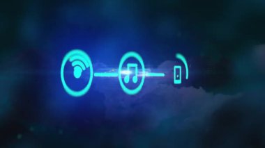 Bulut arkaplanındaki simgelerle ağ animasyonu. Küresel finans, iş, bağlantılar, hesaplama ve veri işleme kavramı dijital olarak oluşturulmuş video.