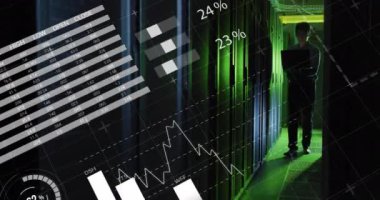 Asyalı erkek üzerinde bilgisayar sunucuları tarafından veri işleme animasyonu. Küresel finans, iş, bağlantılar, hesaplama ve veri işleme kavramı dijital olarak oluşturulmuş video.