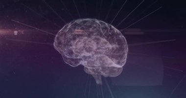 Dijital beynin animasyonu ve mor arkaplandaki bağlantı ağı. Dijital olarak oluşturulmuş küresel bağlantılar, bilgisayar ve dijital arayüz kavramı.