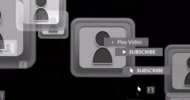 Karanlık arka planda sosyal medya simgeleri ve veri işleme animasyonları. Küresel finans, iş, bağlantılar, hesaplama ve veri işleme kavramı dijital olarak oluşturulmuş video.