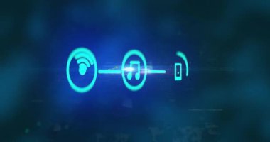 Siyah arkaplanda veri işleme üzerine simgelerle bağlantı ağının animasyonu. Küresel teknoloji, bilgisayar ve dijital arayüz kavramı dijital olarak oluşturulmuş video.