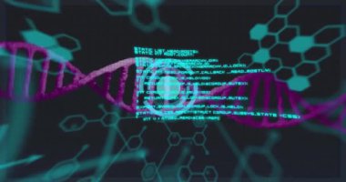 Kimyasal formüllü DNA iplikçiklerinin canlandırılması ve kara arka planda veri işleme. Küresel bilim, bilgisayar ve dijital arayüz kavramı dijital olarak oluşturulmuş video.
