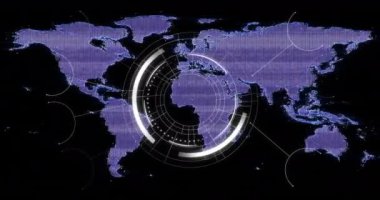 Dünya haritası üzerinde tarama yapan bağlantı ağının animasyonu. Küresel teknoloji ve dijital arayüz konsepti dijital olarak oluşturulmuş video.