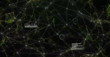 Animation of network of connections over data processing on black background. Global connections, computing and digital interface concept digitally generated video.