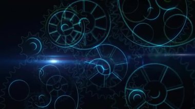 Hareket halindeki dişlilerin üzerindeki ışık noktalarının canlandırması. Küresel teknoloji ve dijital arayüz konsepti dijital olarak oluşturulmuş video.