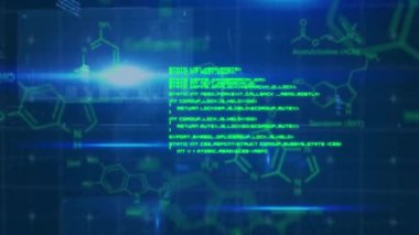 Karanlık arka planda bilimsel veri işleme animasyonu. Küresel finans, iş, bağlantılar, hesaplama ve veri işleme kavramı dijital olarak oluşturulmuş video.