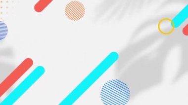 Renkli soyut şekillerin canlandırılması ve verileri beyaz arkaplandaki yaprak gölgelerinin üzerine aktarılması. Veri aktarımı, işleme, dijital arayüz ve iletişim, dijital olarak oluşturulmuş video.