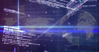 Dünya haritasında ikili kodlama ve finansal veri işleme animasyonu. Küresel finans, iş, bağlantılar, hesaplama ve veri işleme kavramı dijital olarak oluşturulmuş video.