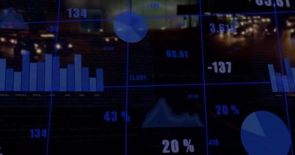 Animatie Van Gegevensverwerking Het Stadsgezicht Wereldwijd Financieel Bedrijfs Verbindings Computer — Stockvideo