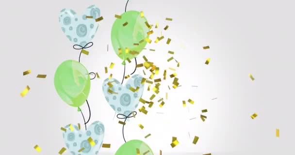 Animation Confettis Dorés Tombant Sur Des Ballons Fête Motifs Verts — Video