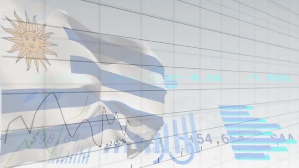 Animación Procesamiento Datos Financieros Sobre Bandera Uruguay Finanzas Globales Negocios — Vídeos de Stock