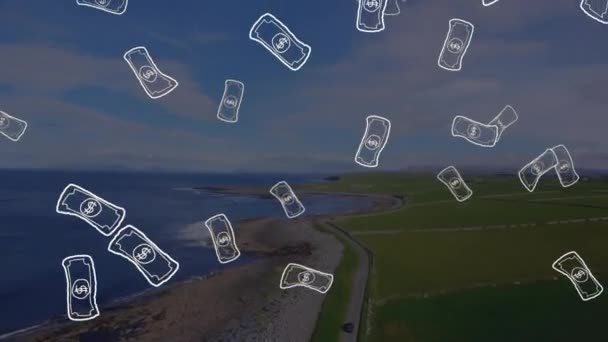 海辺の風景に描かれた紙幣のアイコンのアニメーション デジタルインターフェースのコンセプトデジタル生成ビデオ — ストック動画