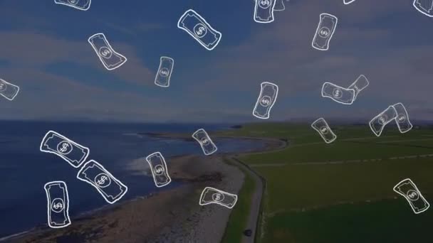 Animatie Van Bankbiljetten Iconen Het Kustlandschap Financiering Natuur Landschap Digitale — Stockvideo