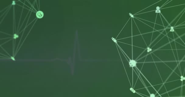 在绿色背景的心动图上与医学图标连接的网络动画 全球医学 计算机和数字接口概念数字生成视频 — 图库视频影像