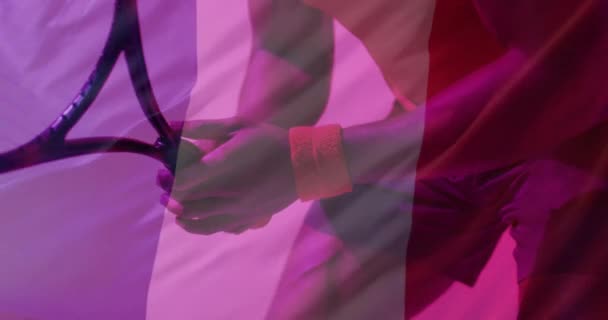 Animation Flagga Frankrike Över Afrikansk Amerikansk Manlig Tennisspelare Sport Tävling — Stockvideo