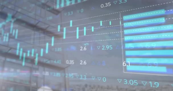 Animação Processamento Dados Financeiros Sobre Edifício Escritórios Conceito Finanças Globais — Vídeo de Stock