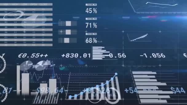 Animering Bearbetningsdata Över Diagram Och Diagram Blå Bakgrund Data Digitalt — Stockvideo