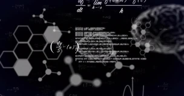 Animace Mozku Molekul Zpracování Dat Matematickými Rovnicemi Černém Pozadí Globální — Stock video