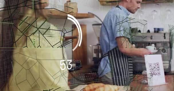 Animación Del Procesamiento Datos Financieros Sobre Diversas Personas Cafetería Finanzas — Vídeo de stock