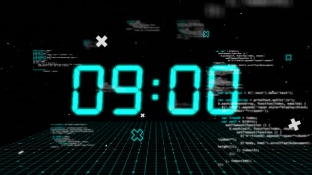 Анимация Синих Цифровых Часов Меняющихся Обработке Данных Черном Фоне Время — стоковое видео