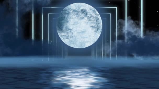 Animación Luna Llena Reflexión Agua Sobre Arcos Neón Blanco Cielo — Vídeo de stock