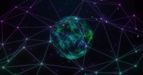 Animation du réseau de connexions sur le globe sur fond noir. Connexions globales, informatique et concept d'interface numérique vidéo générée numériquement.
