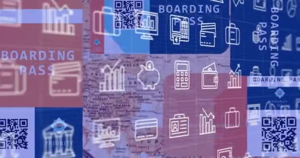 Animation Von Geschäftssymbolen Und Finanzdatenverarbeitung Über Weltkarte Globales Finanz Geschäfts — Stockvideo
