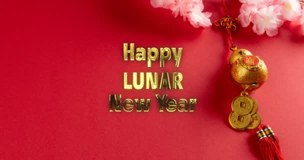 Анімація Щасливого Місячного Нового Року Над Китайським Візерунком Червоному Тлі — стокове відео