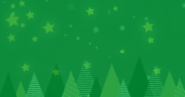 Animering Stjärnor Och Snö Faller Över Granar Grön Bakgrund Jul — Stockvideo