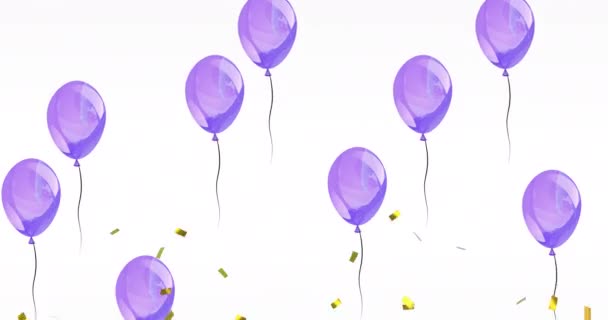 Animation Gold Confetti Falling Purple Party Balloons Rising White Background — Stock Video