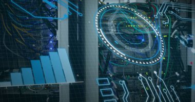 Bilgisayar kabloları üzerinden veri işleme görüntüsü. bilgisayarlar, ağ, veri işleme, teknoloji ve dijital arayüz kavramı dijital olarak oluşturuldu.