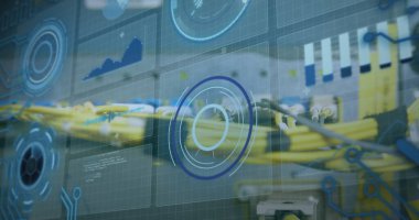 Bilgisayar kabloları üzerinden veri işleme görüntüsü. bilgisayarlar, ağ, veri işleme, teknoloji ve dijital arayüz kavramı dijital olarak oluşturuldu.