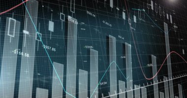 Şebeke üzerinde istatistik ve finansal veri işleme resimleri. Küresel iş, finans ve veri işleme kavramı dijital olarak oluşturulmuş görüntü.