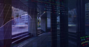 Şehir manzarası üzerinde veri işleme resmi. küresel iş ve dijital arayüz kavramı dijital olarak oluşturulmuş görüntü.